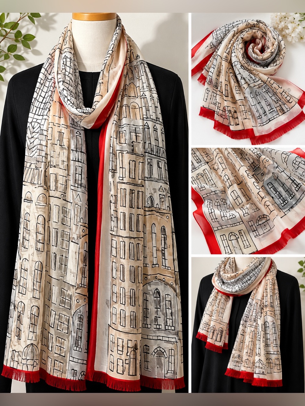 Cityscape Print Scarf w/Red Accents Fringe 27x72 Preppy Architecture Fun Casual